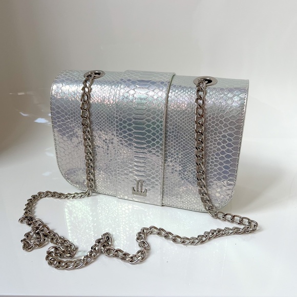 $495 NEW Loriblu Italy Leather Silver AB Reptile Finish Medium Shoulder Bag - Picture 4 of 16